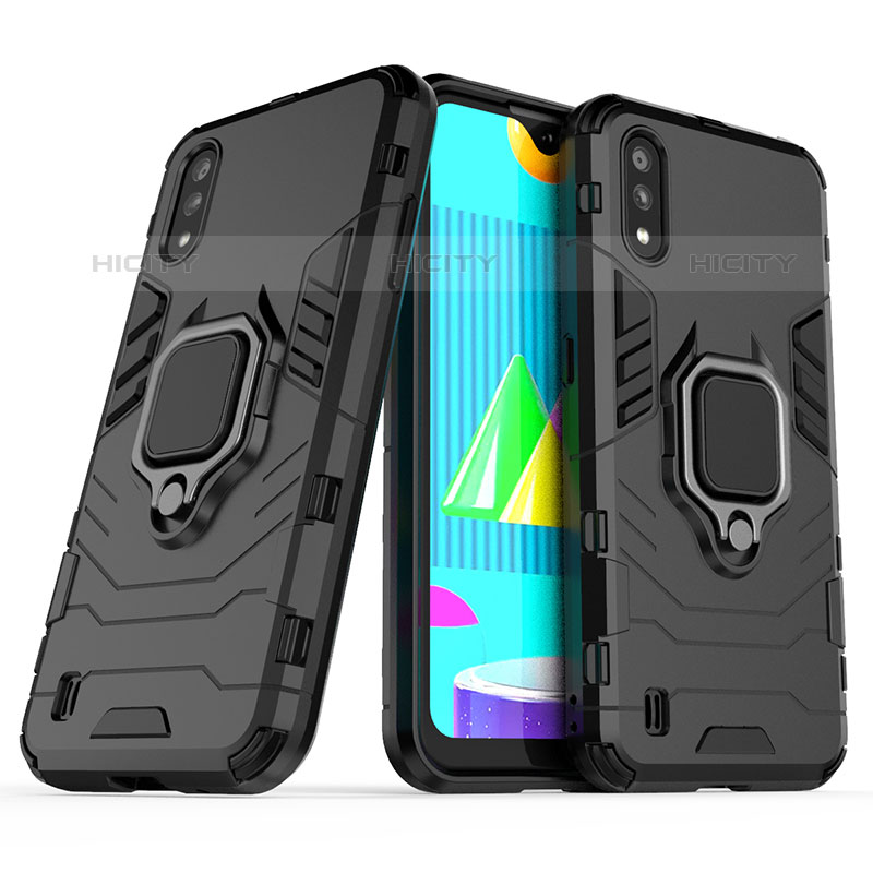 Coque Contour Silicone et Plastique Housse Etui Mat avec Magnetique Support Bague Anneau S02 pour Samsung Galaxy M01 Noir Plus