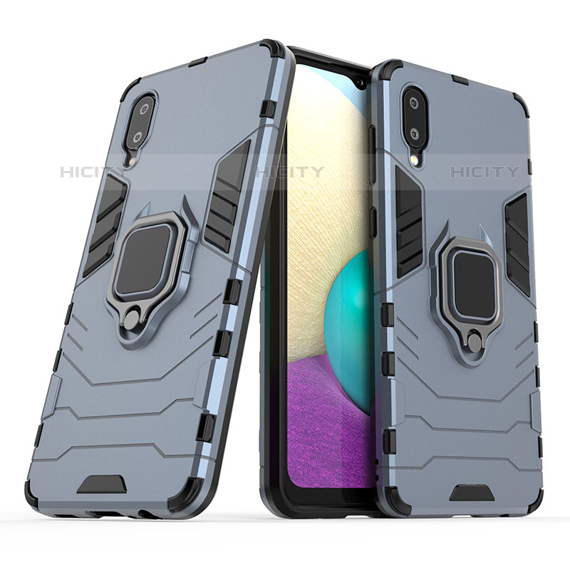 Coque Contour Silicone et Plastique Housse Etui Mat avec Magnetique Support Bague Anneau S02 pour Samsung Galaxy M02 Bleu Plus