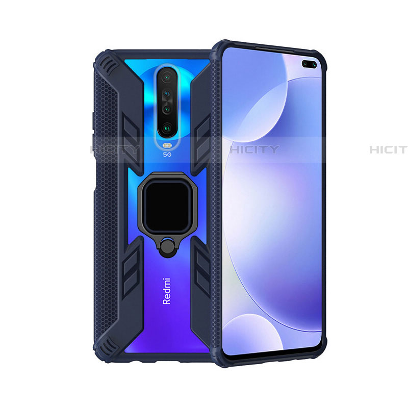 Coque Contour Silicone et Plastique Housse Etui Mat avec Magnetique Support Bague Anneau S02 pour Xiaomi Poco X2 Bleu Plus