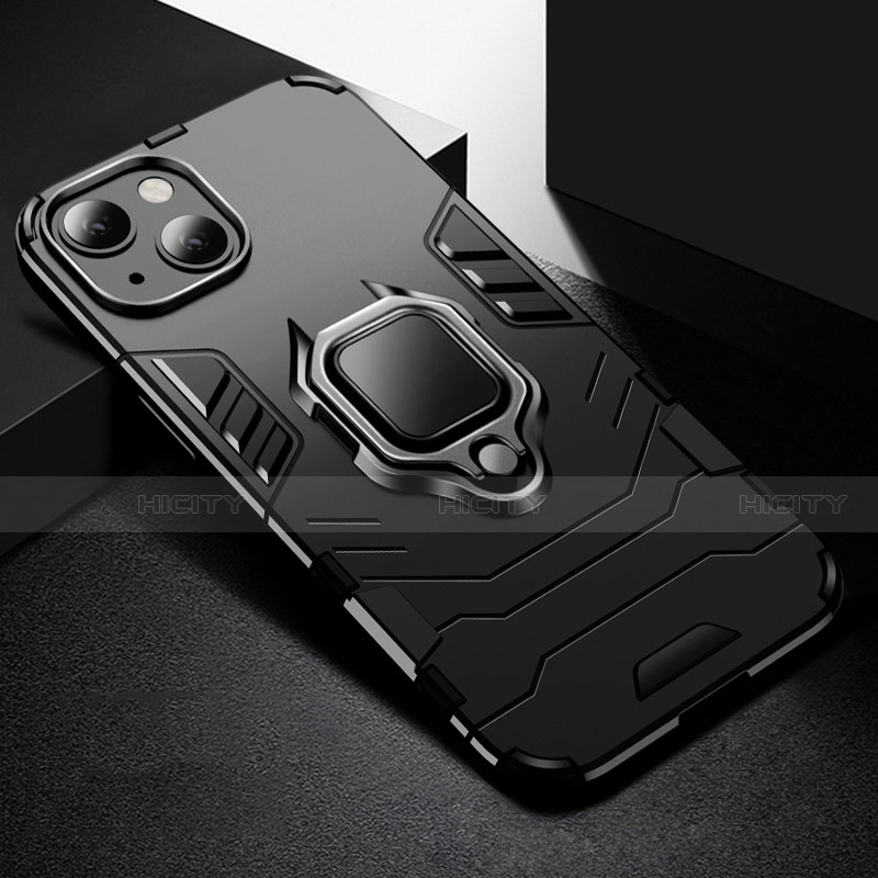 Coque Contour Silicone et Plastique Housse Etui Mat avec Magnetique Support Bague Anneau S03 pour Apple iPhone 13 Mini Noir Plus