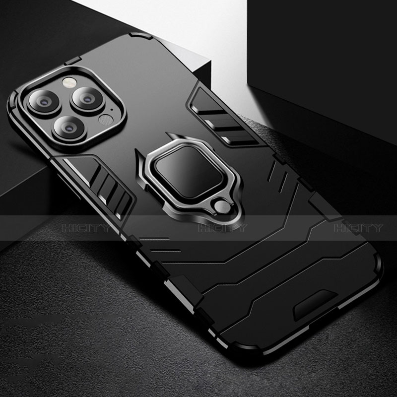 Coque Contour Silicone et Plastique Housse Etui Mat avec Magnetique Support Bague Anneau S03 pour Apple iPhone 13 Pro Noir Plus