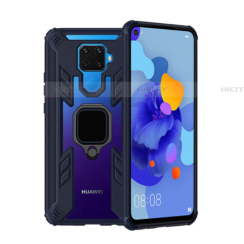 Coque Contour Silicone et Plastique Housse Etui Mat avec Magnetique Support Bague Anneau S03 pour Huawei Mate 30 Lite Bleu Plus