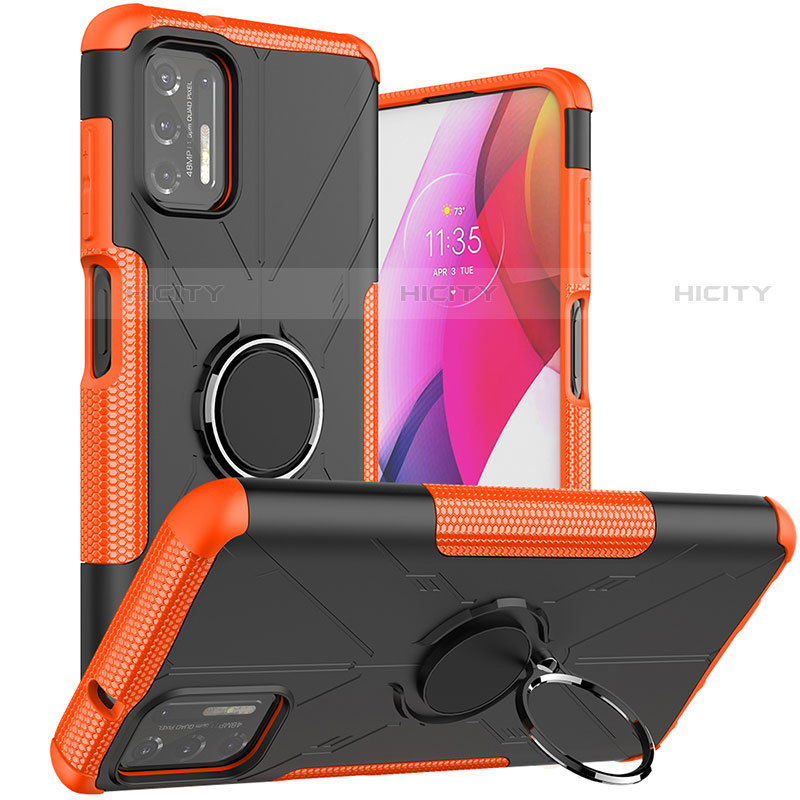 Coque Contour Silicone et Plastique Housse Etui Mat avec Magnetique Support Bague Anneau S03 pour Motorola Moto G Stylus (2021) Orange Plus