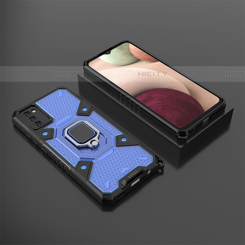 Coque Contour Silicone et Plastique Housse Etui Mat avec Magnetique Support Bague Anneau S03 pour Samsung Galaxy A03s Bleu Plus