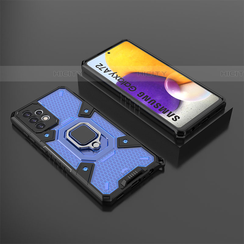 Coque Contour Silicone et Plastique Housse Etui Mat avec Magnetique Support Bague Anneau S03 pour Samsung Galaxy A72 5G Bleu Plus