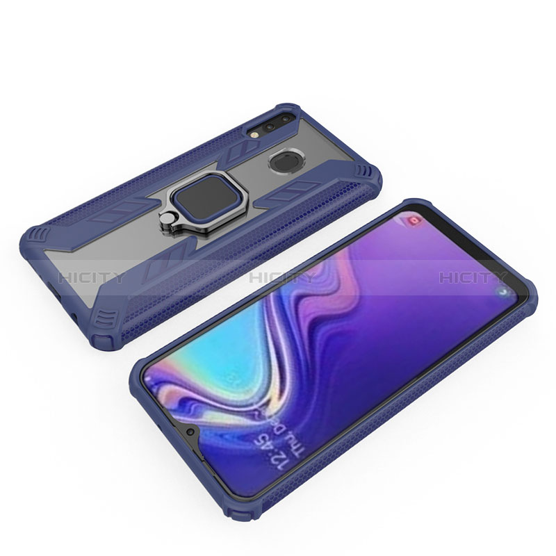 Coque Contour Silicone et Plastique Housse Etui Mat avec Magnetique Support Bague Anneau S03 pour Samsung Galaxy M20 Bleu Plus