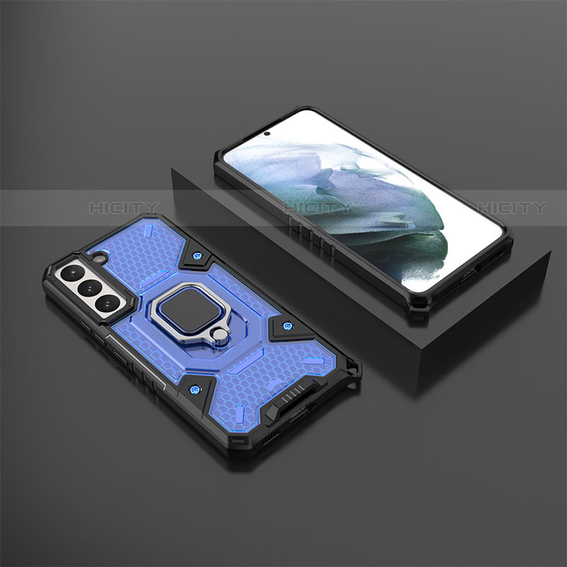 Coque Contour Silicone et Plastique Housse Etui Mat avec Magnetique Support Bague Anneau S03 pour Samsung Galaxy S22 5G Bleu Plus