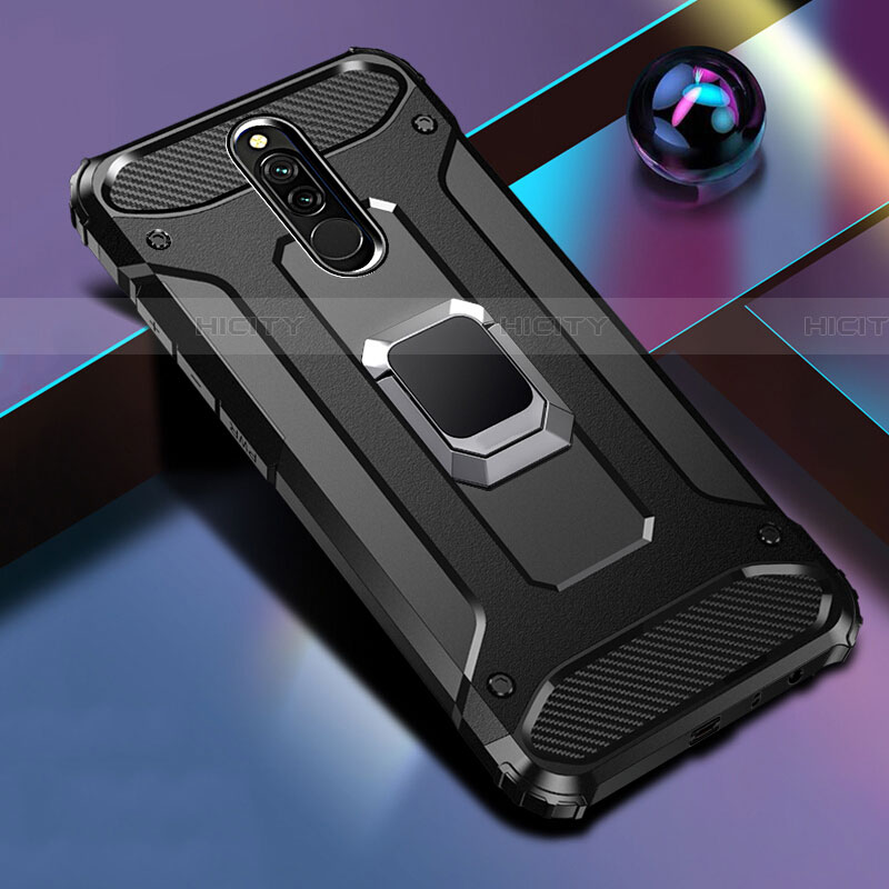 Coque Contour Silicone et Plastique Housse Etui Mat avec Magnetique Support Bague Anneau S03 pour Xiaomi Redmi 8 Noir Plus