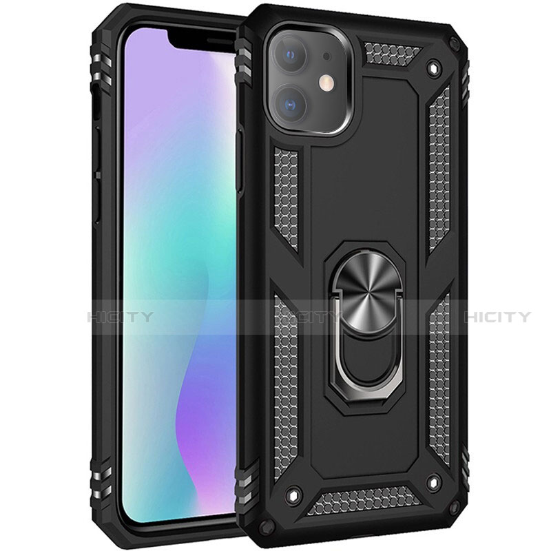 Coque Contour Silicone et Plastique Housse Etui Mat avec Magnetique Support Bague Anneau S04 pour Apple iPhone 11 Noir Plus