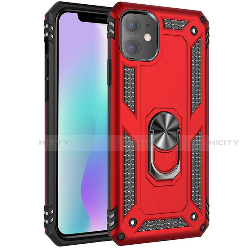 Coque Contour Silicone et Plastique Housse Etui Mat avec Magnetique Support Bague Anneau S04 pour Apple iPhone 11 Rouge Plus