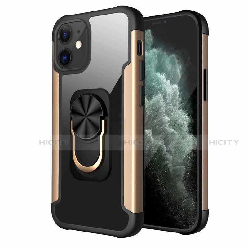 Coque Contour Silicone et Plastique Housse Etui Mat avec Magnetique Support Bague Anneau S04 pour Apple iPhone 12 Or Plus