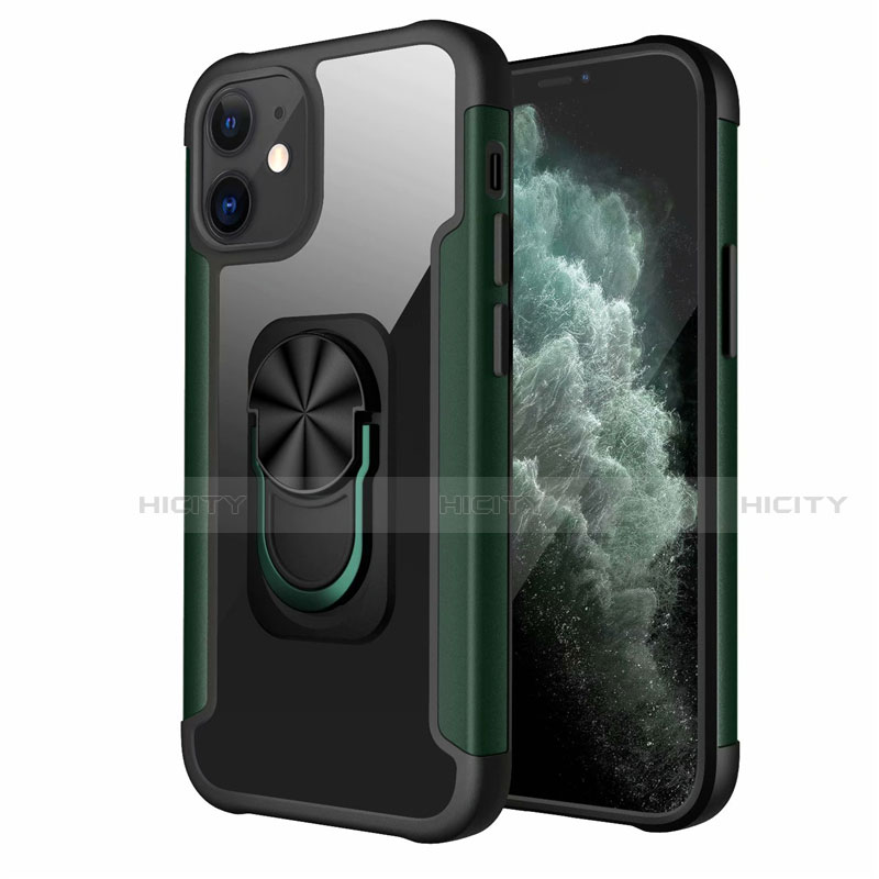 Coque Contour Silicone et Plastique Housse Etui Mat avec Magnetique Support Bague Anneau S04 pour Apple iPhone 12 Vert Nuit Plus