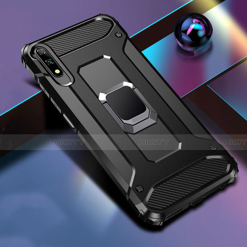 Coque Contour Silicone et Plastique Housse Etui Mat avec Magnetique Support Bague Anneau S04 pour Huawei Honor 9X Noir Plus