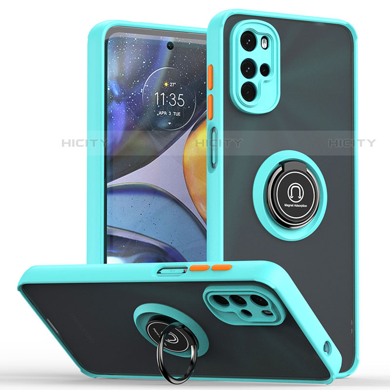 Coque Contour Silicone et Plastique Housse Etui Mat avec Magnetique Support Bague Anneau S04 pour Motorola Moto G22 Cyan Plus