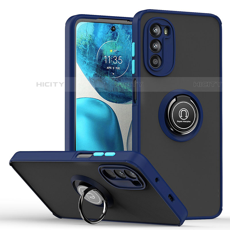 Coque Contour Silicone et Plastique Housse Etui Mat avec Magnetique Support Bague Anneau S04 pour Motorola MOTO G52 Bleu Plus