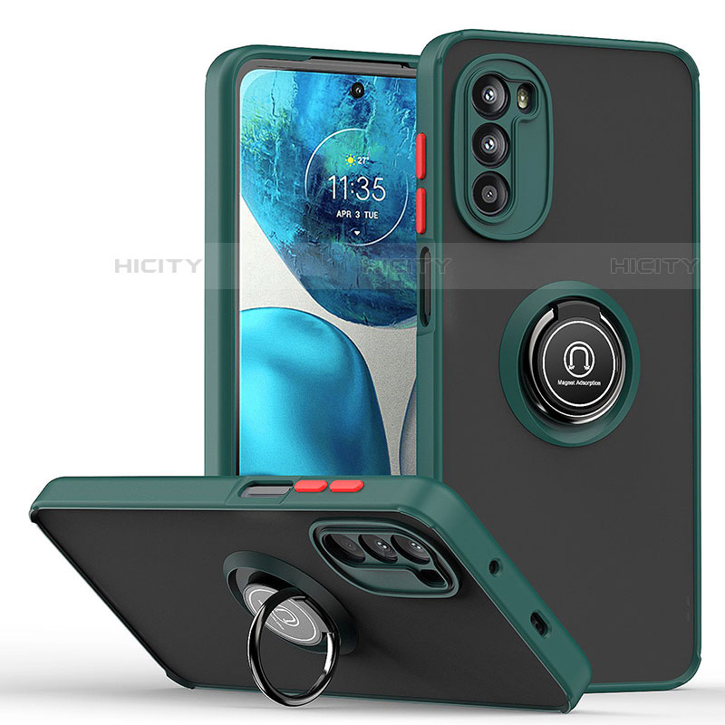 Coque Contour Silicone et Plastique Housse Etui Mat avec Magnetique Support Bague Anneau S04 pour Motorola Moto G82 5G Vert Nuit Plus