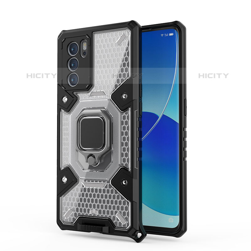 Coque Contour Silicone et Plastique Housse Etui Mat avec Magnetique Support Bague Anneau S04 pour Oppo Reno6 Pro 5G India Noir Plus