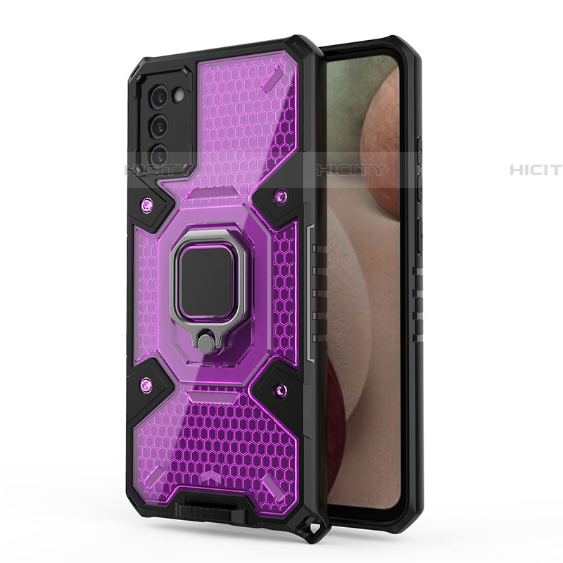 Coque Contour Silicone et Plastique Housse Etui Mat avec Magnetique Support Bague Anneau S04 pour Samsung Galaxy A03s Violet Plus