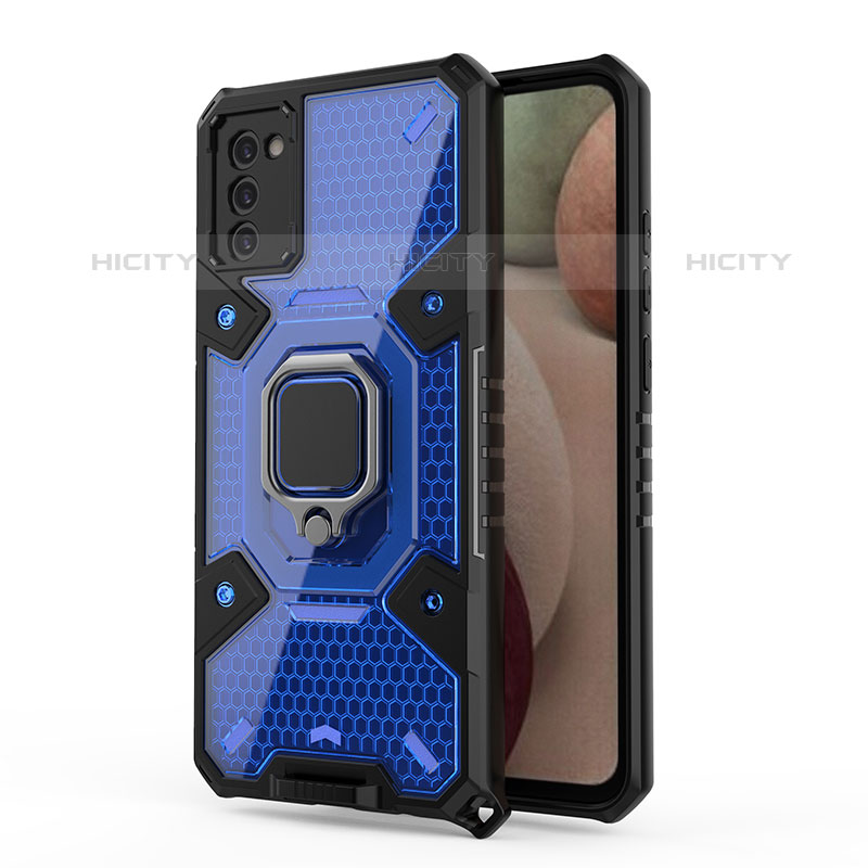 Coque Contour Silicone et Plastique Housse Etui Mat avec Magnetique Support Bague Anneau S04 pour Samsung Galaxy M02s Bleu Plus