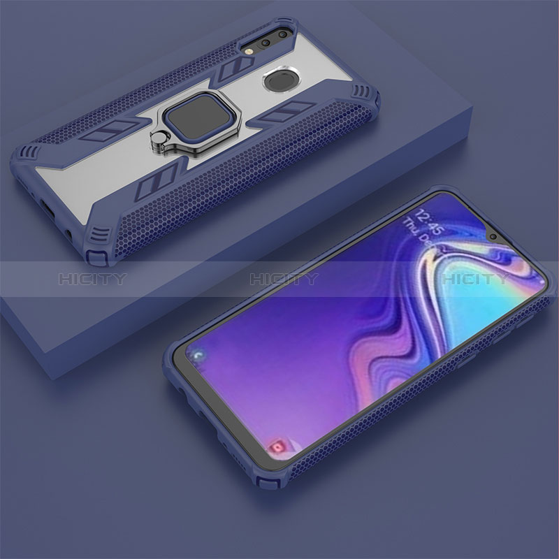 Coque Contour Silicone et Plastique Housse Etui Mat avec Magnetique Support Bague Anneau S04 pour Samsung Galaxy M20 Bleu Plus