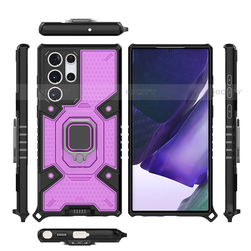 Coque Contour Silicone et Plastique Housse Etui Mat avec Magnetique Support Bague Anneau S04 pour Samsung Galaxy S21 Ultra 5G Violet Plus