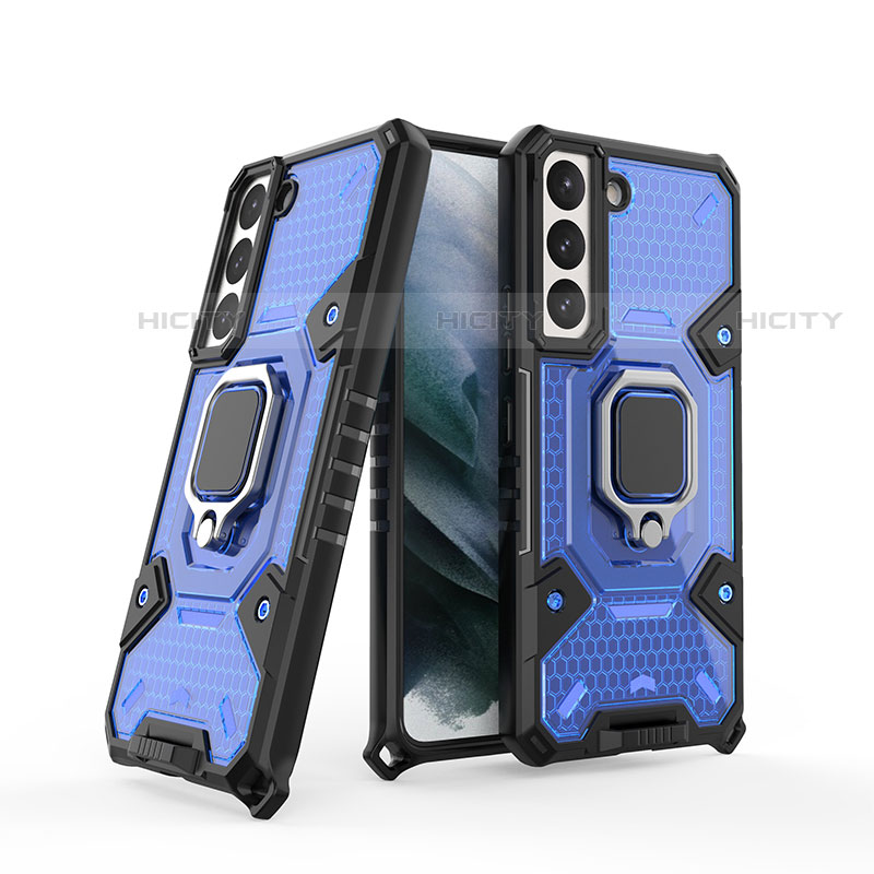 Coque Contour Silicone et Plastique Housse Etui Mat avec Magnetique Support Bague Anneau S04 pour Samsung Galaxy S22 Plus 5G Bleu Plus