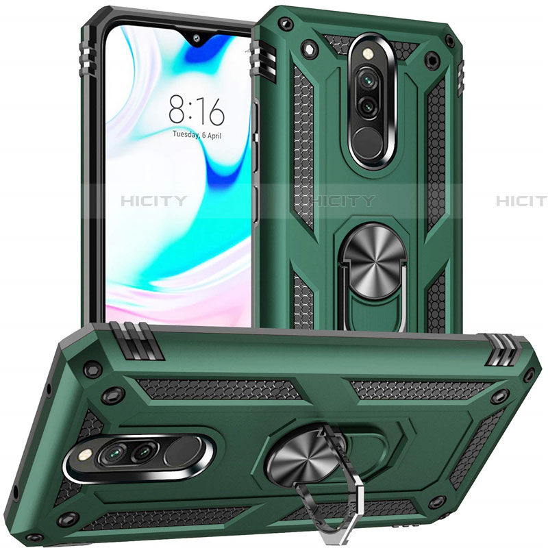 Coque Contour Silicone et Plastique Housse Etui Mat avec Magnetique Support Bague Anneau S04 pour Xiaomi Redmi 8 Vert Plus