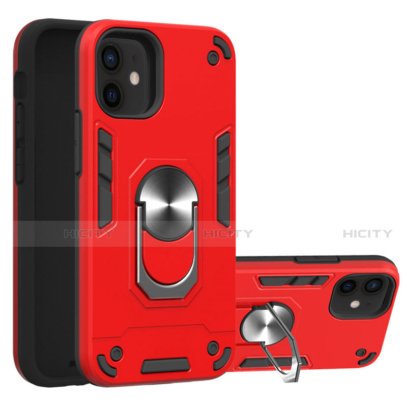 Coque Contour Silicone et Plastique Housse Etui Mat avec Magnetique Support Bague Anneau S05 pour Apple iPhone 12 Mini Rouge Plus