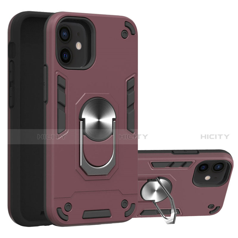 Coque Contour Silicone et Plastique Housse Etui Mat avec Magnetique Support Bague Anneau S05 pour Apple iPhone 12 Mini Vin Rouge Plus