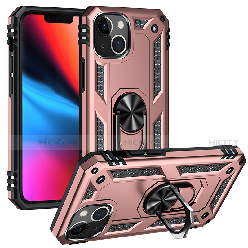 Coque Contour Silicone et Plastique Housse Etui Mat avec Magnetique Support Bague Anneau S05 pour Apple iPhone 13 Or Rose Plus