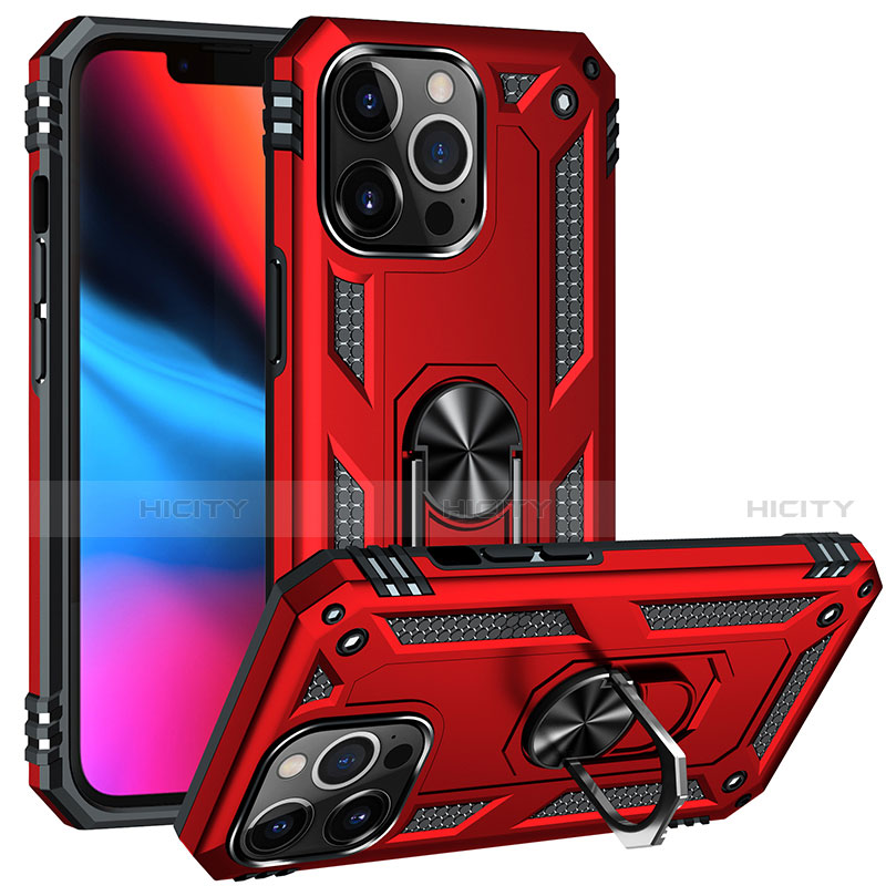 Coque Contour Silicone et Plastique Housse Etui Mat avec Magnetique Support Bague Anneau S05 pour Apple iPhone 13 Pro Max Rouge Plus