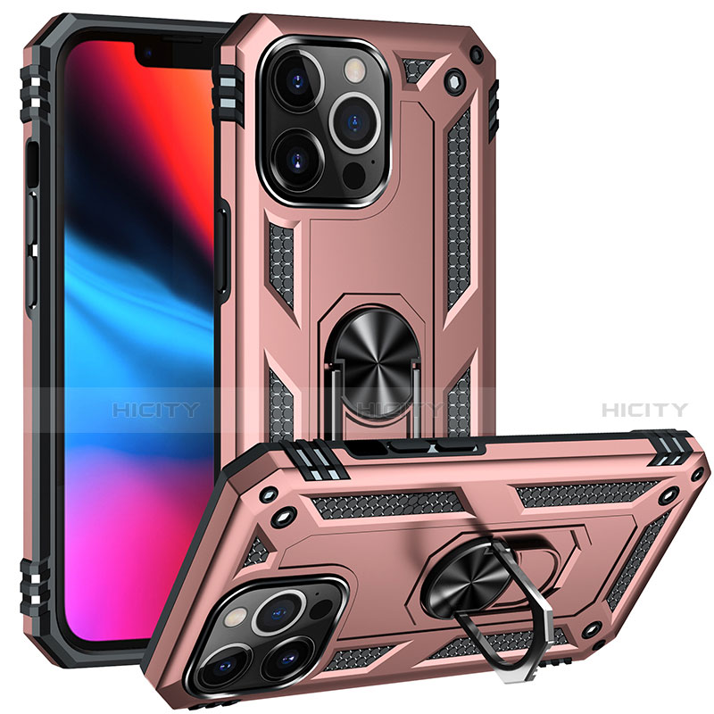 Coque Contour Silicone et Plastique Housse Etui Mat avec Magnetique Support Bague Anneau S05 pour Apple iPhone 13 Pro Or Rose Plus