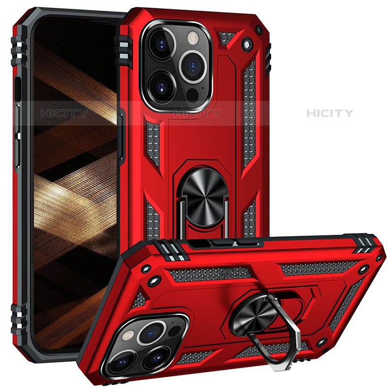 Coque Contour Silicone et Plastique Housse Etui Mat avec Magnetique Support Bague Anneau S05 pour Apple iPhone 16 Pro Max Rouge Plus