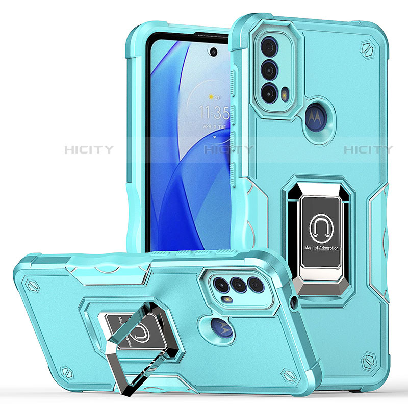 Coque Contour Silicone et Plastique Housse Etui Mat avec Magnetique Support Bague Anneau S05 pour Motorola Moto E20 Cyan Plus