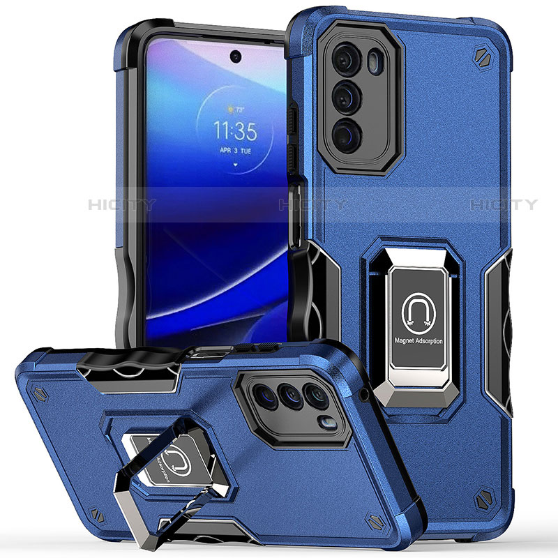 Coque Contour Silicone et Plastique Housse Etui Mat avec Magnetique Support Bague Anneau S05 pour Motorola Moto G 5G (2022) Bleu Plus