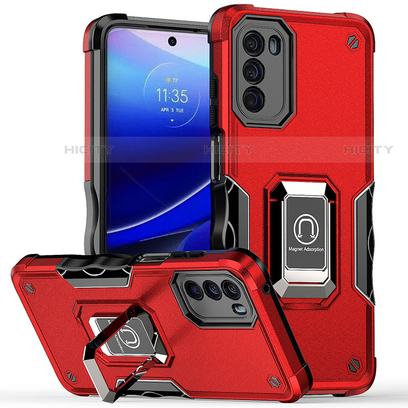 Coque Contour Silicone et Plastique Housse Etui Mat avec Magnetique Support Bague Anneau S05 pour Motorola Moto G 5G (2022) Rouge Plus