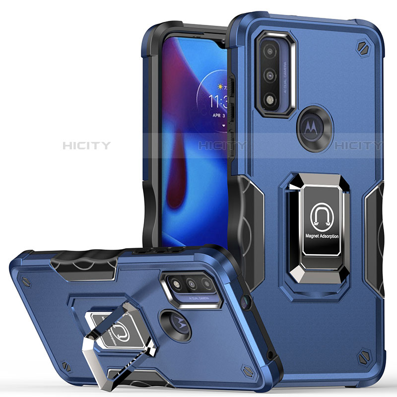 Coque Contour Silicone et Plastique Housse Etui Mat avec Magnetique Support Bague Anneau S05 pour Motorola Moto G Pure Bleu Plus