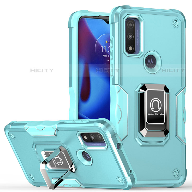 Coque Contour Silicone et Plastique Housse Etui Mat avec Magnetique Support Bague Anneau S05 pour Motorola Moto G Pure Cyan Plus