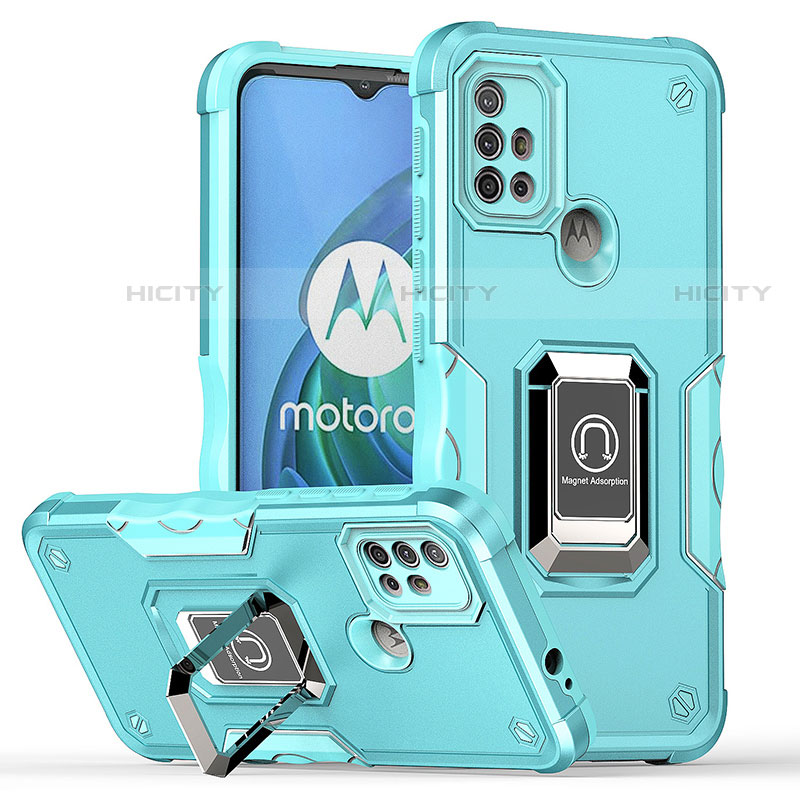 Coque Contour Silicone et Plastique Housse Etui Mat avec Magnetique Support Bague Anneau S05 pour Motorola Moto G10 Cyan Plus