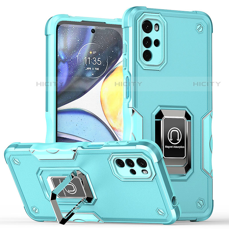 Coque Contour Silicone et Plastique Housse Etui Mat avec Magnetique Support Bague Anneau S05 pour Motorola Moto G22 Cyan Plus