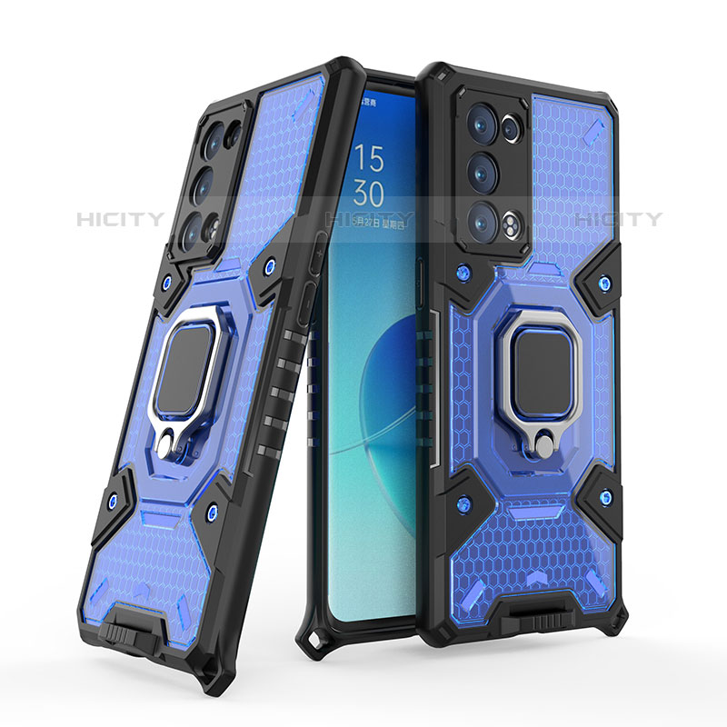 Coque Contour Silicone et Plastique Housse Etui Mat avec Magnetique Support Bague Anneau S05 pour Oppo Reno6 Pro+ Plus 5G Bleu Plus