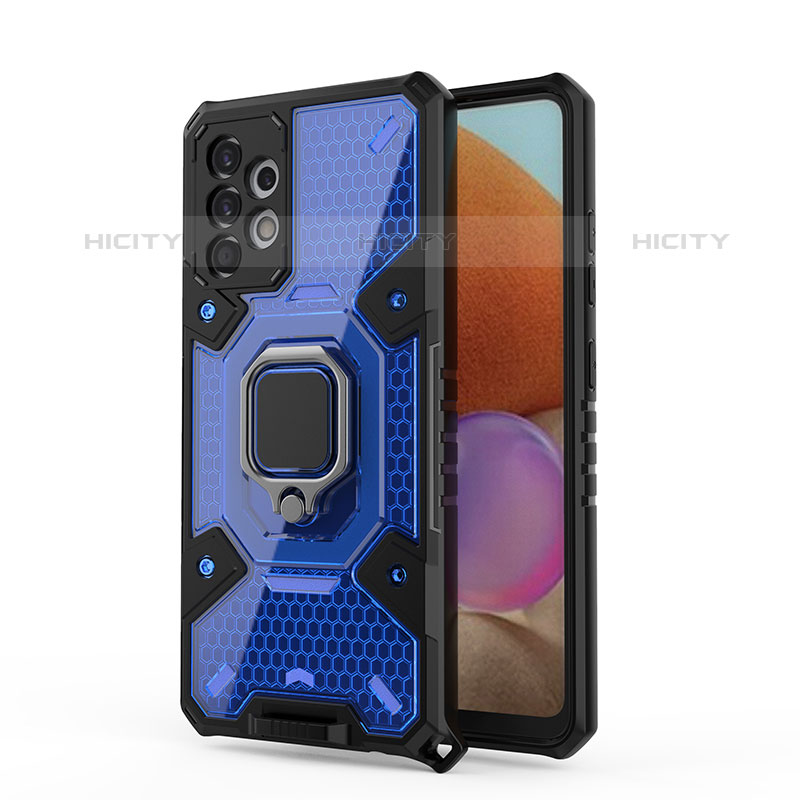 Coque Contour Silicone et Plastique Housse Etui Mat avec Magnetique Support Bague Anneau S05 pour Samsung Galaxy M32 5G Bleu Plus