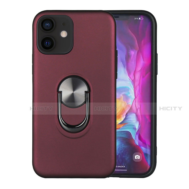 Coque Contour Silicone et Plastique Housse Etui Mat avec Magnetique Support Bague Anneau S06 pour Apple iPhone 12 Mini Vin Rouge Plus