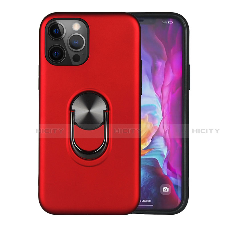 Coque Contour Silicone et Plastique Housse Etui Mat avec Magnetique Support Bague Anneau S06 pour Apple iPhone 12 Pro Rouge Plus