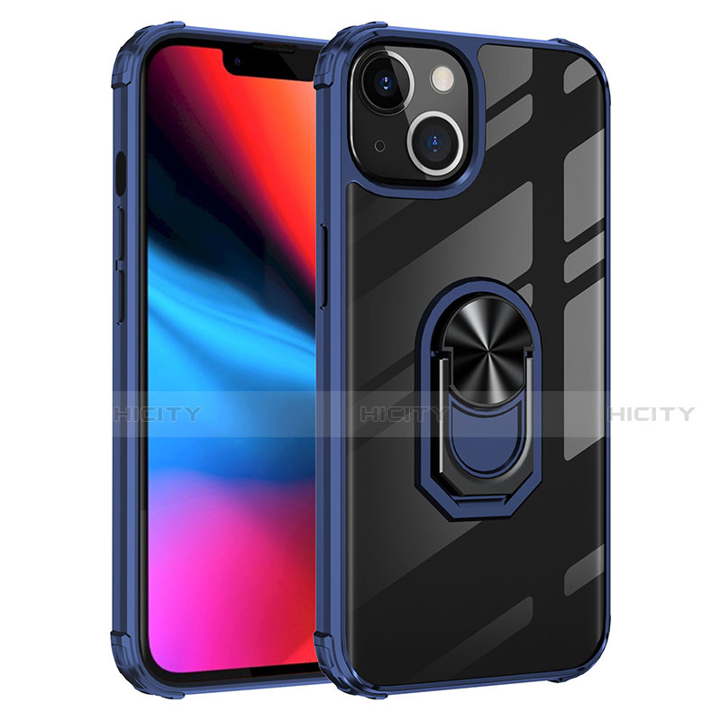 Coque Contour Silicone et Plastique Housse Etui Mat avec Magnetique Support Bague Anneau S06 pour Apple iPhone 13 Bleu Plus