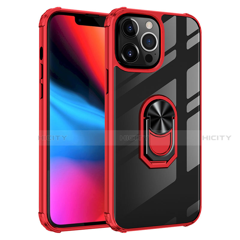 Coque Contour Silicone et Plastique Housse Etui Mat avec Magnetique Support Bague Anneau S06 pour Apple iPhone 13 Pro Rouge Plus