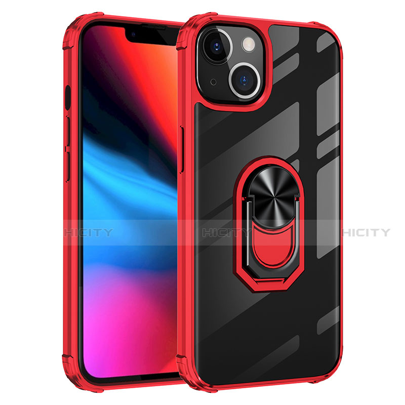 Coque Contour Silicone et Plastique Housse Etui Mat avec Magnetique Support Bague Anneau S06 pour Apple iPhone 13 Rouge Plus