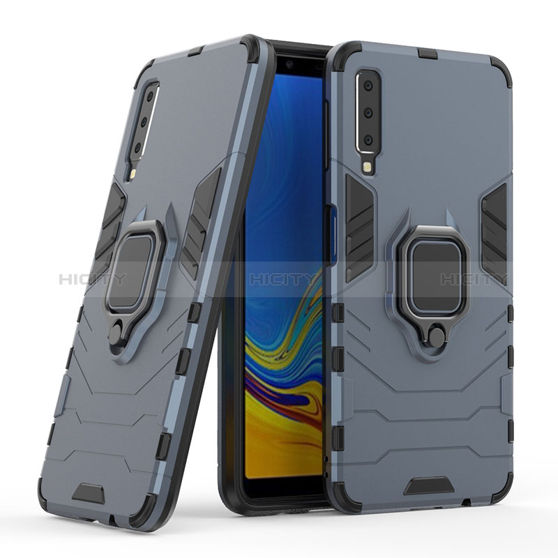 Coque Contour Silicone et Plastique Housse Etui Mat avec Magnetique Support Bague Anneau S06 pour Samsung Galaxy A7 (2018) A750 Bleu Plus