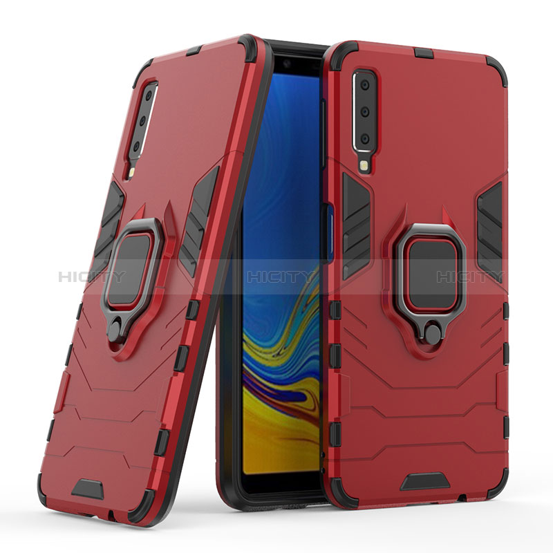 Coque Contour Silicone et Plastique Housse Etui Mat avec Magnetique Support Bague Anneau S06 pour Samsung Galaxy A7 (2018) A750 Rouge Plus