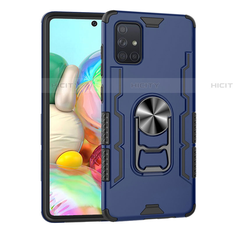 Coque Contour Silicone et Plastique Housse Etui Mat avec Magnetique Support Bague Anneau S06 pour Samsung Galaxy A71 5G Bleu Plus